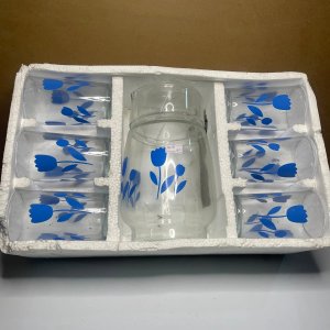 Juego de Jarra y 6 Vasos de Vidrio con Diseño Floral Azul - imagen 2