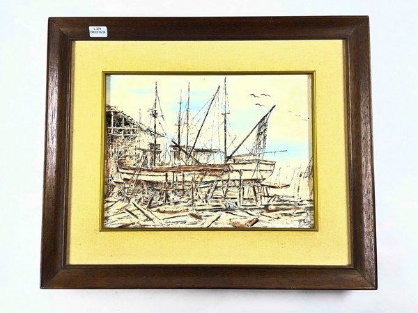 Pintura al Óleo sobre Cerámica: Barcos en Dique Seco, 31x23 cm