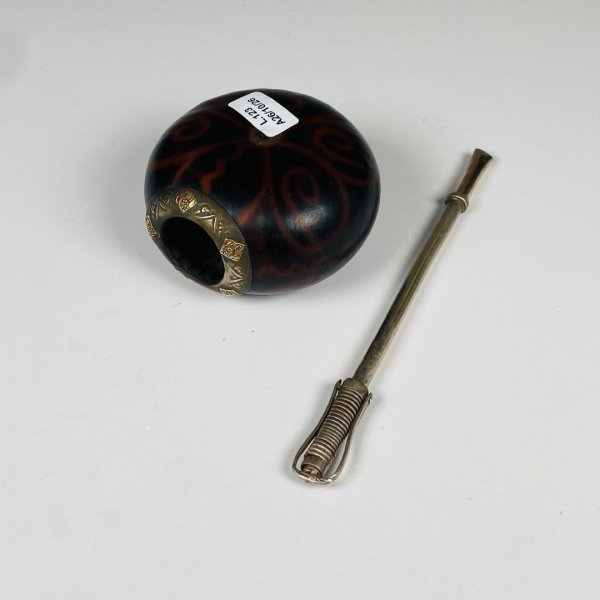 Mate Galleta con Virola de Plata y Oro y Bombilla