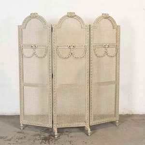 Biombo Luis XVI Tallado y Esterillado, Tres Hojas, Laqueado Blanco - imagen 1