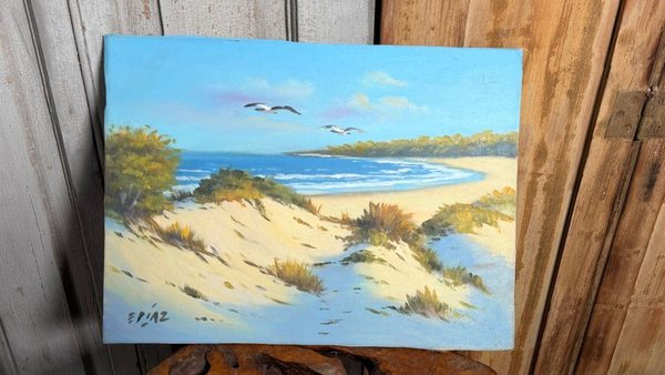 Eduardo Díaz - "Dunas con Gaviotas", Óleo sobre Tela Pegada en Cartón