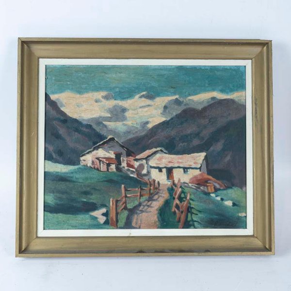 Óleo "Rancho" firmado Randal, paisaje rural con montañas y casas
