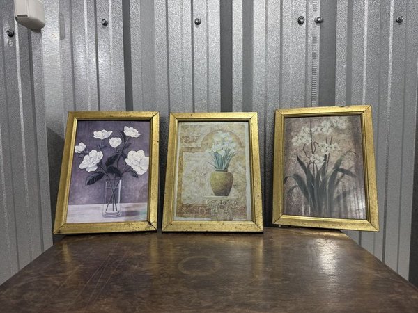 Lote de 3 Cuadros Decorativos con Flores Blancas y Marcos Dorados - imagen 1