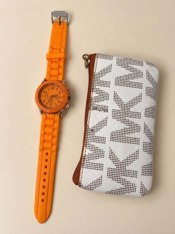 Reloj Michael Kors Naranja y Monedero Estampado