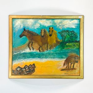 Cuadro al óleo "Paisaje campestre con caballos y perros" firmado Nilda Poppolo - imagen 2