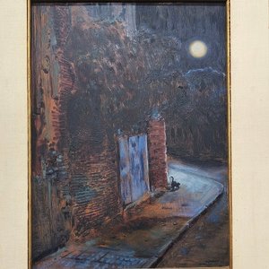 Óleo sobre Fibra "Escena Nocturna" de Aldo Curto con Marco Dorado - imagen 3