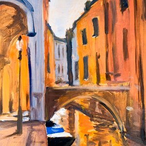 Cuadro al óleo sobre fibra: Venecia, puente y caseríos, firmado - imagen 2