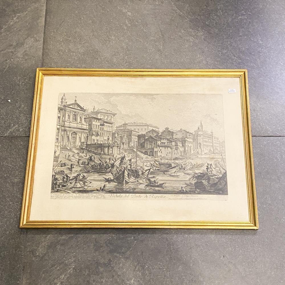 Grabado "Veduta del Porto di Ripetta" Puerto Roma, Marco Dorado 76x58 cm