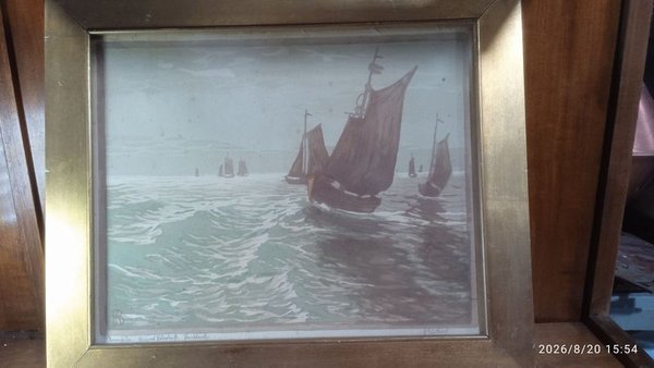 Acuarela Original Firmada "Motivo Marina" con Barcos - imagen 1