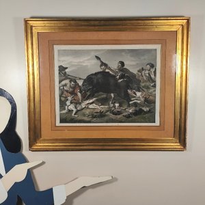 Grabado "Cacería de Jabalí" por Ernest Hanfstangl, con marco dorado y vidrio - imagen 18