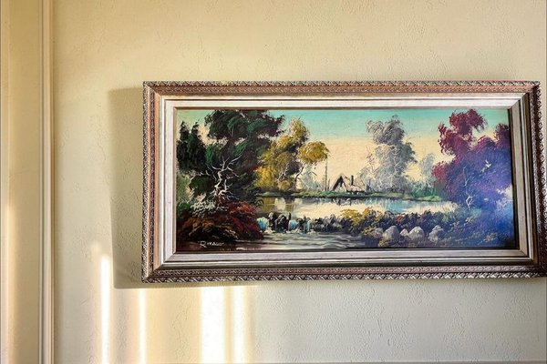 Óleo Paisaje Lacustre con Casa y Arboleda, Gran Formato, Firmado - imagen 1