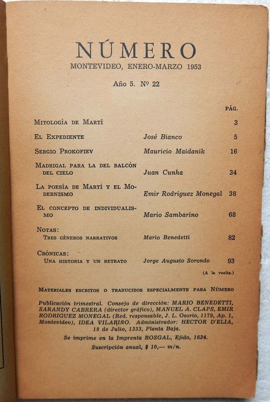Revista Literaria Número. Publicación Trimestral de Uruguay en 1953 - imagen 2
