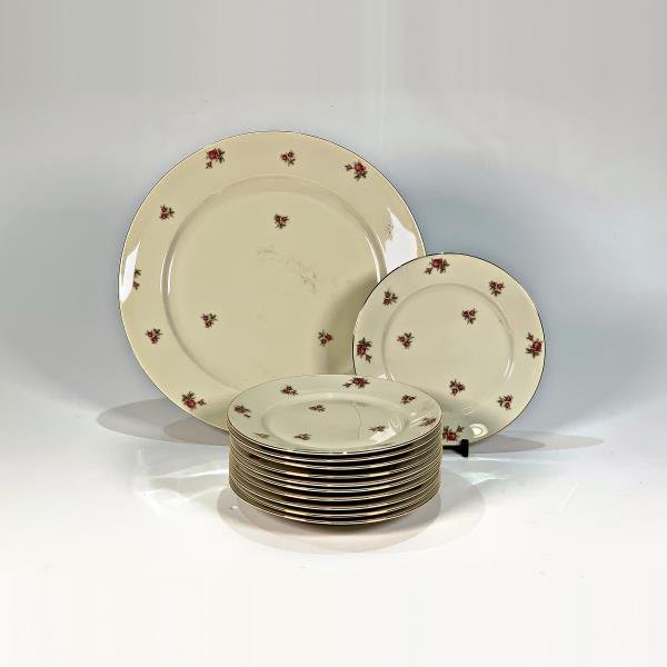 Juego de Porcelana Bavaria Beige con Flores: Plato Torta y 11 Platos de Postre