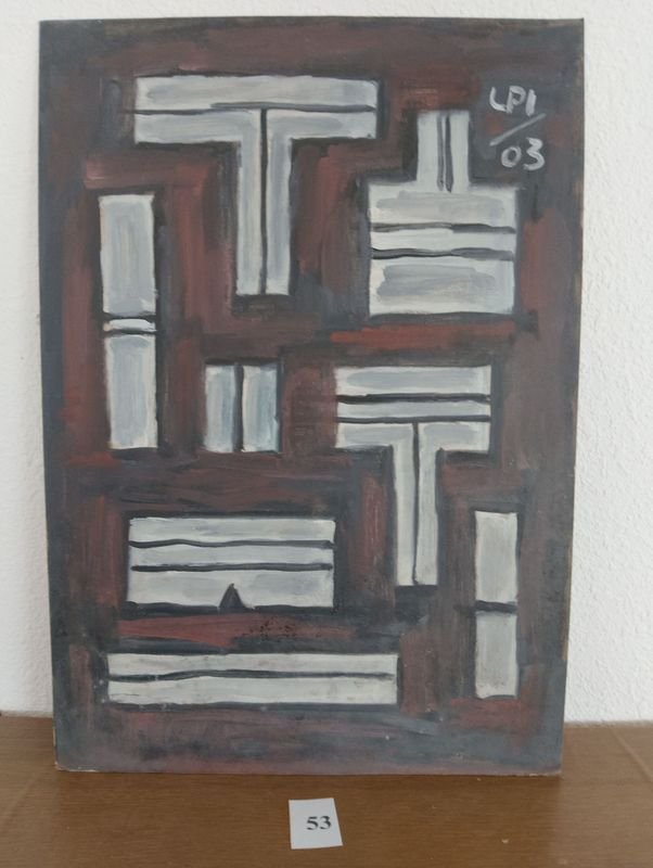Óleo sobre cartón abstracto firmado LPI 03, 35x50 cm con manchas de humedad
