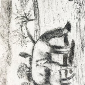 Cuadro al óleo en blanco y negro: Paisaje campestre con caballos y sierras, firmado por Nilda - imagen 2