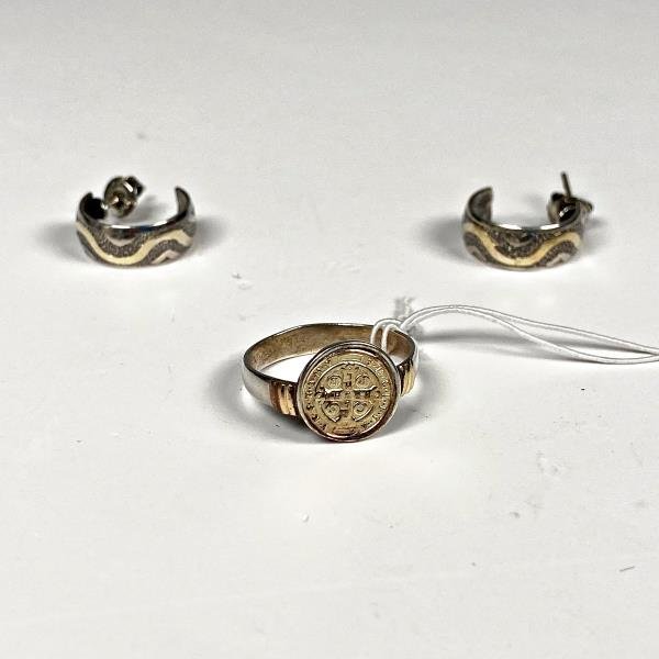 Anillo de Plata y Oro con Medalla de San Benito y Par de Arracadas