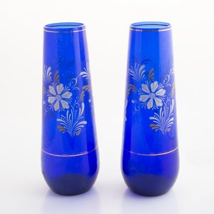 Lote siguiente: Par de Floreros de Cristal Veneciano Azul con Esmalte y Detalles Dorados