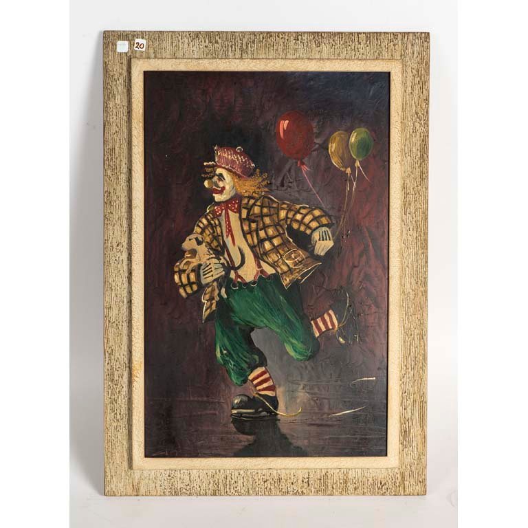 Óleo de un payaso con globos