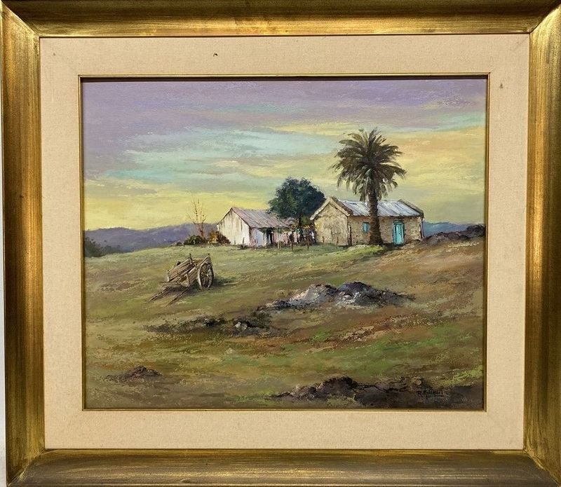 Lote siguiente: Pintura de caballo en frente de una casa con un árbol detrás, firmada por Alfredo Rodriguez Molinari Sierra de Minas