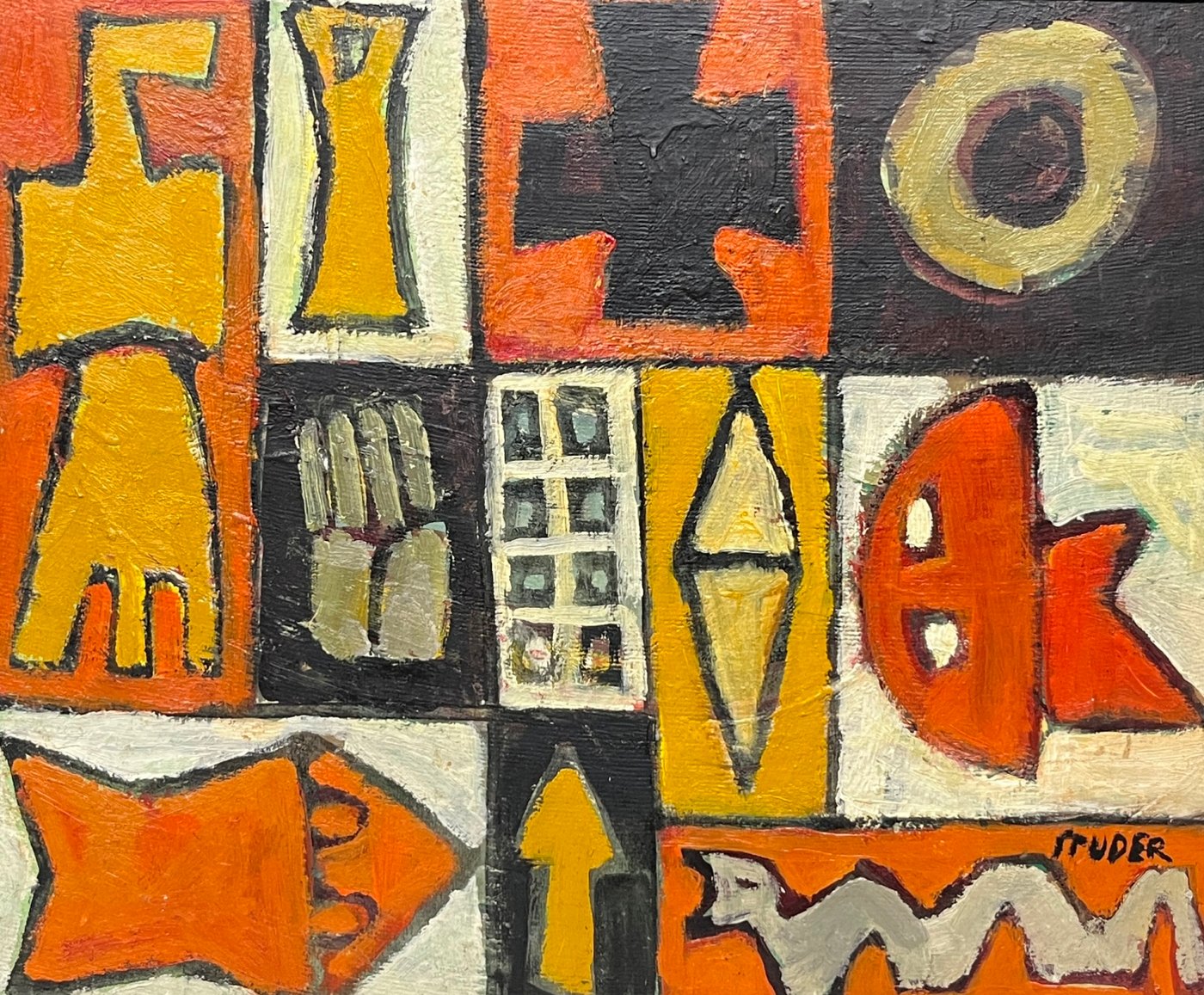 Obra "Constructivo con pez" de Edwin Studer - Óleo sobre cartón