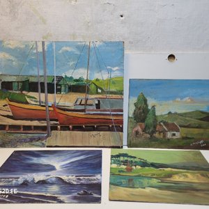 Lote de 4 Cuadros al Óleo sobre Lienzo: Astillero, Paisaje Rural y Marinas - imagen 2