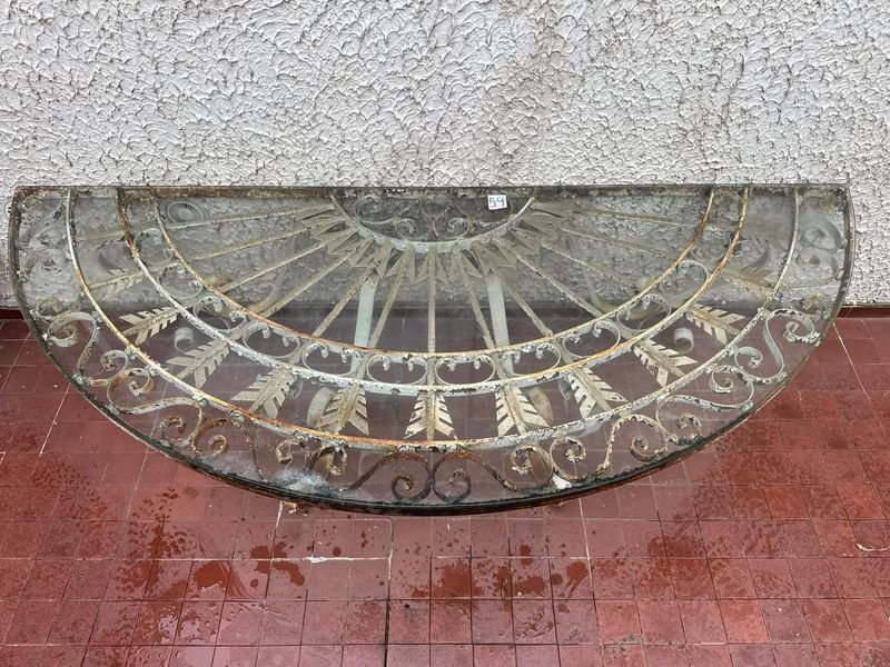 Mesa Antigua de Reja con Vidrio y Diseño de Hojas