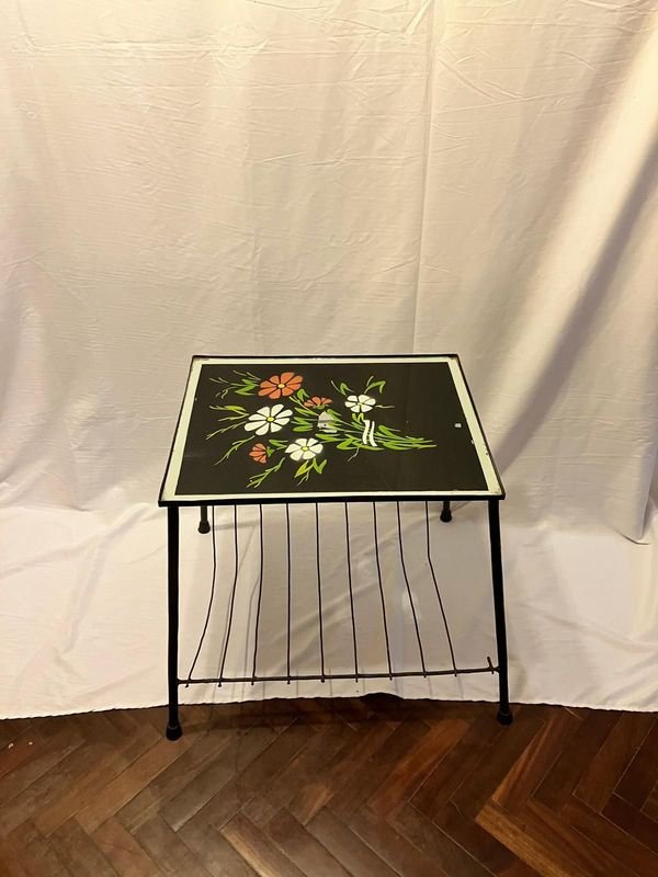 Mesa revistero vintage de estilo americano- Vidrio pintado a mano