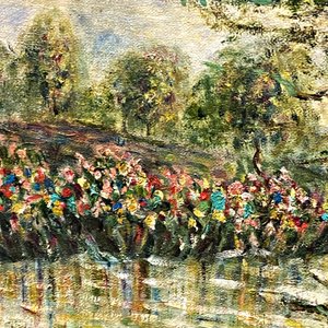 Cuadro al Óleo: Paisaje de Lago, Árboles y Flores, Firmado "Marisa 86" - imagen 4