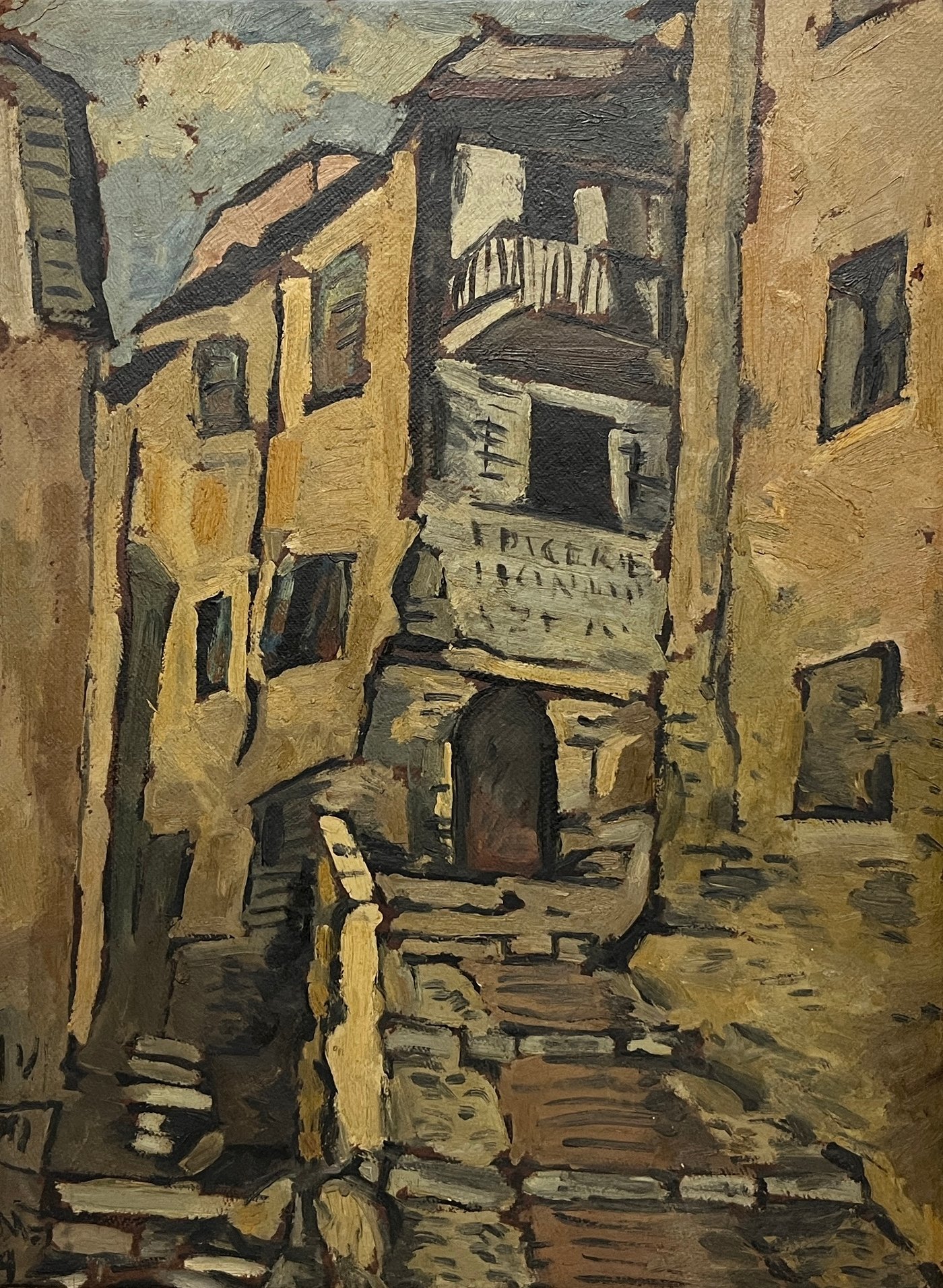 Oleo "Construccion en Pueblo" de Jonio Montiel, 64 x 50 cm
