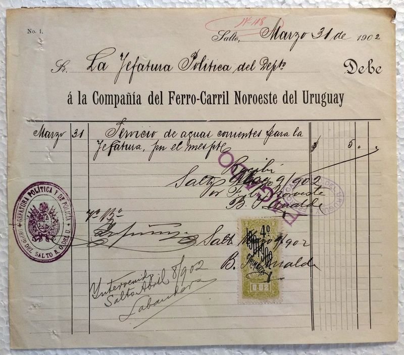 Compañía del Ferro-Carril Noroeste del Uruguay. Documento expedido en Salto el 31 de Marzo de 1902