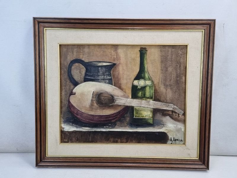 Cuadro al óleo "Bodegón con Laúd" firmado por A. Arrosa, 66x56cm