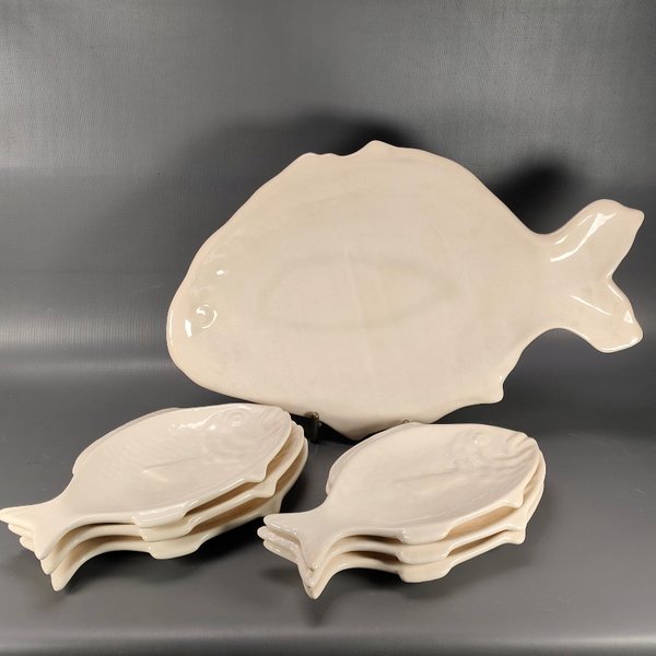 Juego de Servir Pescado en Cerámica Blanca: Fuente Grande y 6 Platos - imagen 1