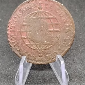 Moneda de Brasil 10 Reis 1785, Ceca Lisboa, Resello 1809, Cobre - imagen 4
