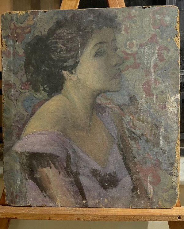 Antigua Pintura al Óleo sobre Cartón: Retrato Femenino - imagen 1