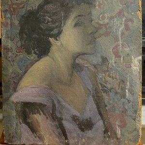 Antigua Pintura al Óleo sobre Cartón: Retrato Femenino - imagen 1