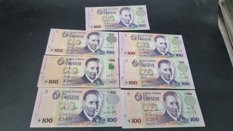 Lote de 7 Billetes Uruguayos de $100 Sin Circular