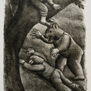 Lote siguiente: Grabado "Los viandantes y el oso" de Luis Alberto Solari, 155/200