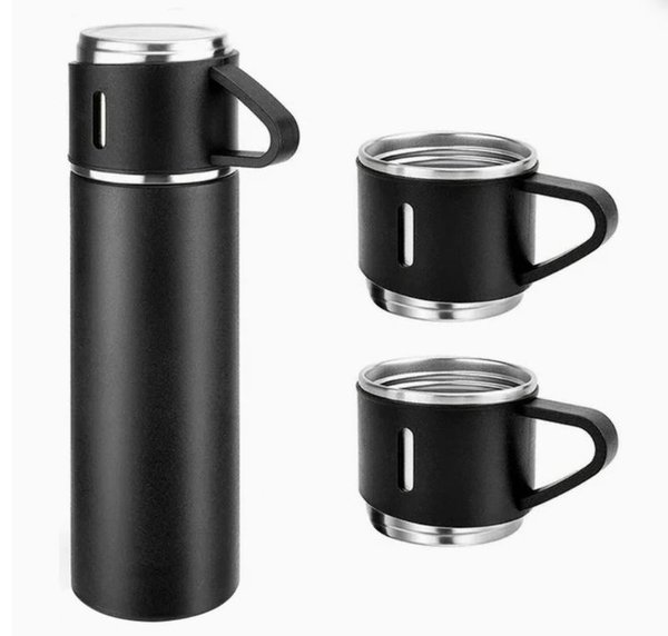 Set Termo Frío Calor 500ml con 3 Tazas Acero Inoxidable Negro