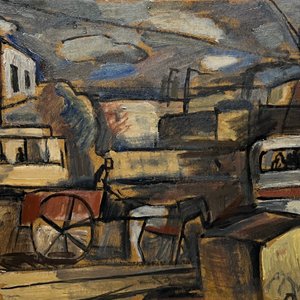 Óleo "Escena Ciudadana" de Augusto Torres, Firmado - imagen 1