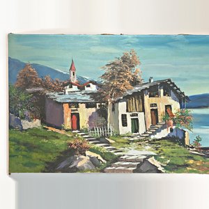 Cuadro al óleo: Costa de laguna, montañas y caseríos, firmado - imagen 3