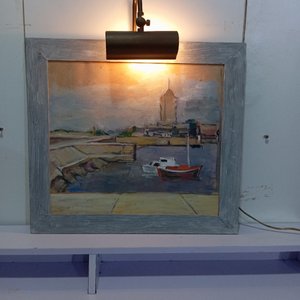 Cuadro Óleo Paisaje Marítimo con Barcos y Marco Gris con Iluminación - imagen 2