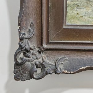 Oleo sobre Lienzo: Paisaje con Árboles y Mar, Firmado J. Hernández, Marco Tallado - imagen 9
