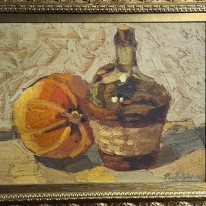 Bodegón de Raúl Pavlotzky: Botella y Calabaza, Óleo sobre Tabla - imagen 2