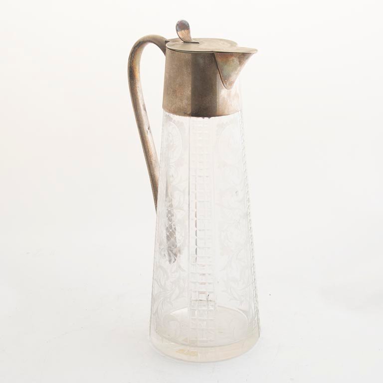 Jarra de Cristal Hialino Tallado con Asa y Vertedero Metálico - 27cm
