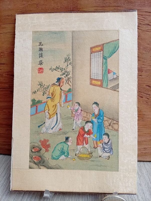 Pintura China Tradicional "Guóhuà" Original sobre Seda: Escena Histórica/Folclórica Firmada por Baiwen