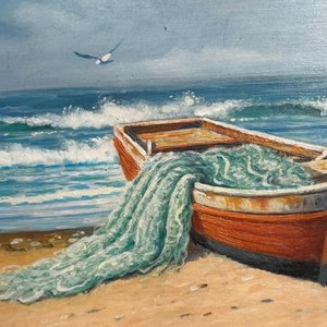 Eduardo Díaz Bote: Óleo sobre cartón de bote pesquero en la playa, 40x30cm - imagen 3