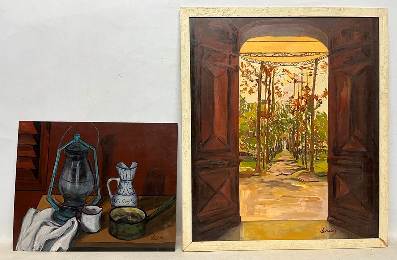 Lote anterior: Pintura de bosque con vasijas sobre tabla