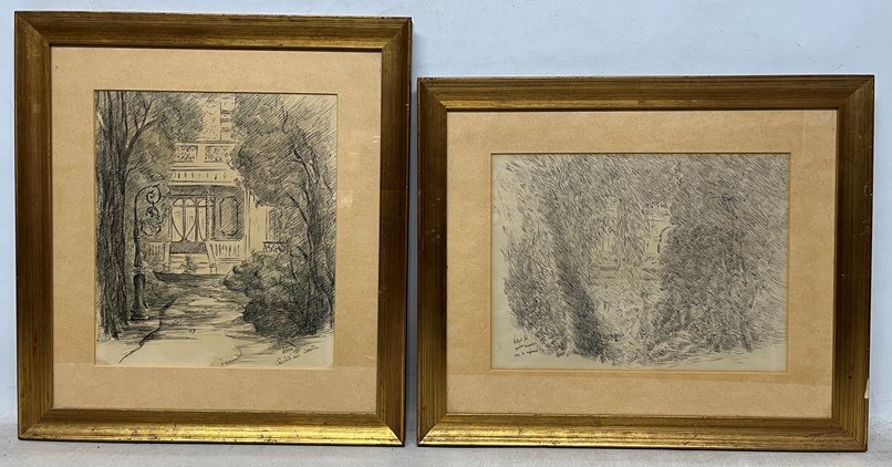 Lote siguiente: Dos pinturas de un edificio y árboles en papel, tamaño 31 x 27 cm.