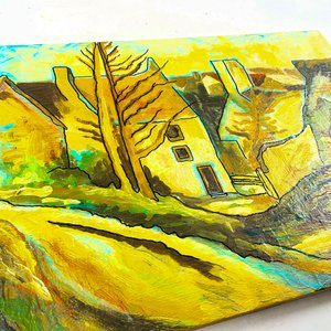 Óleo sobre Fibra: Paisaje de Caseríos en Tonos Marrones y Amarillos (68x48 cm) - imagen 2