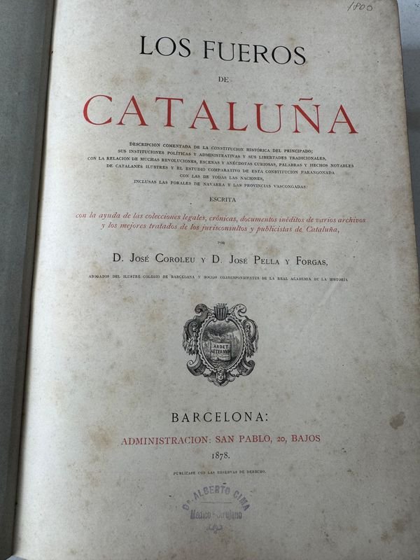 Libro de Los Fueros De Cataluña por D. Jose Coroleu y D. Joe Pella - Barcelona 1878 - imagen 2
